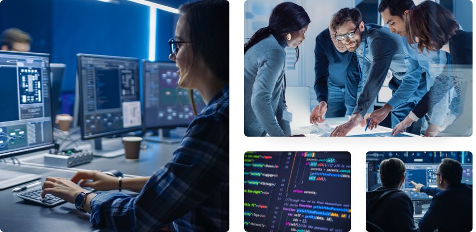 Collage of engineers programming on computers and planning together in a meeting room.